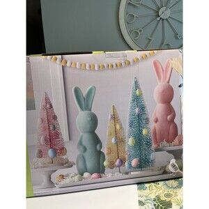2 Flocked Bunnies Rabbits And 3 Bottlebrush Trees w Egg 5pc Easter Spring Decor